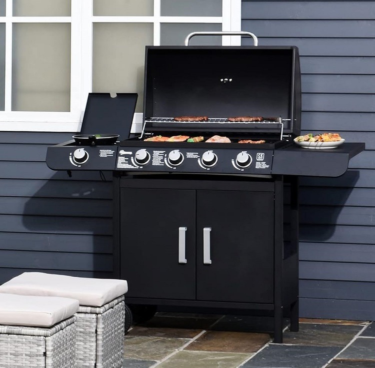 Outsunny Barbacoa Gas 5 Quemadores 14.4 KW - Tapa y Ruedas, Negro